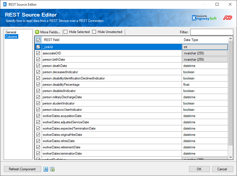 SSIS ADP REST Source - Columns